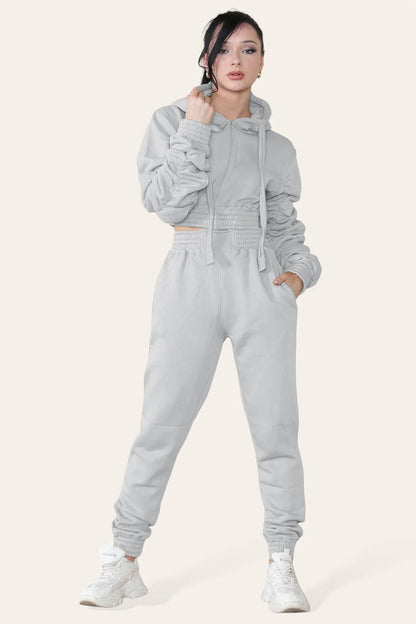 Ruched Sleeves Cropped Hoodie and Cropped Joggers Loungewear Set