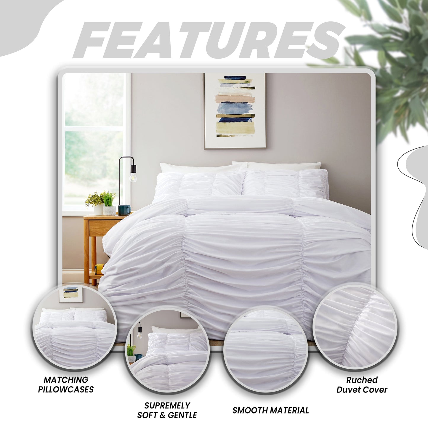 Ruched White Microfibre Duvet Cover Set with Pillowcases