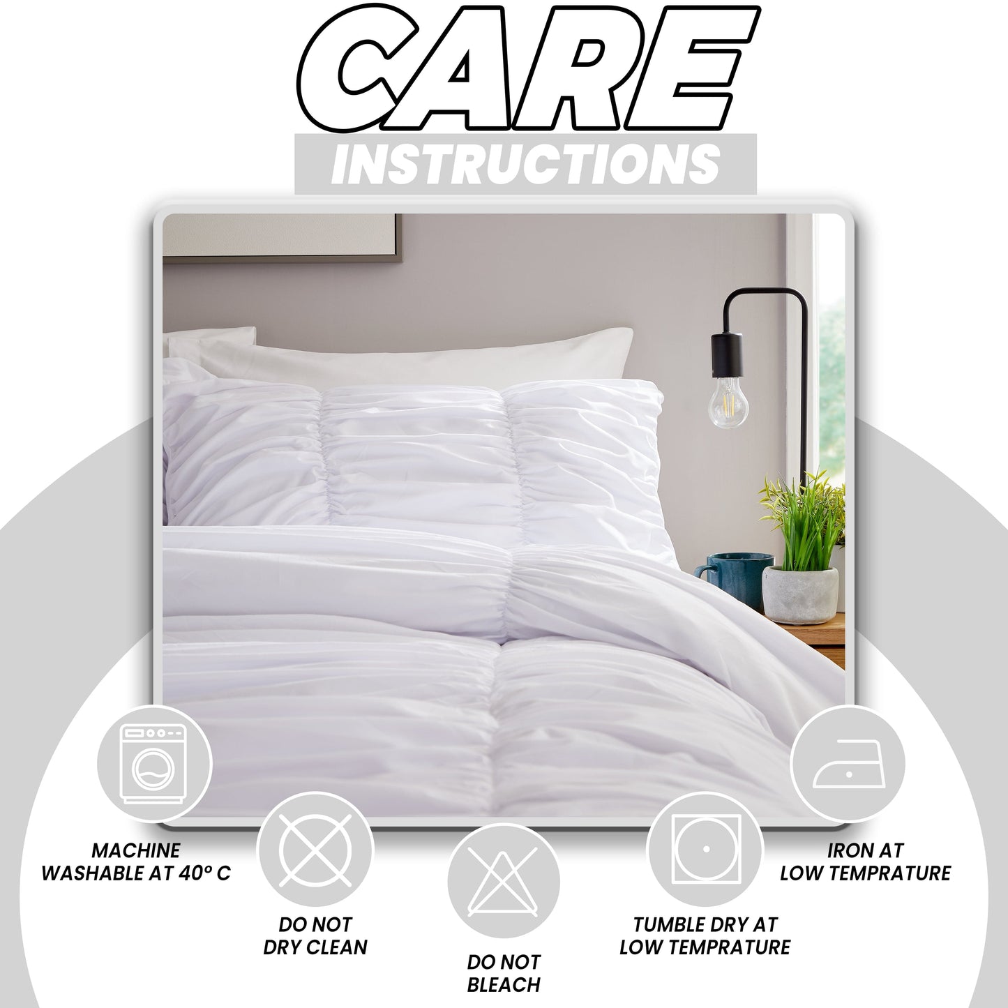 Ruched White Microfibre Duvet Cover Set with Pillowcases