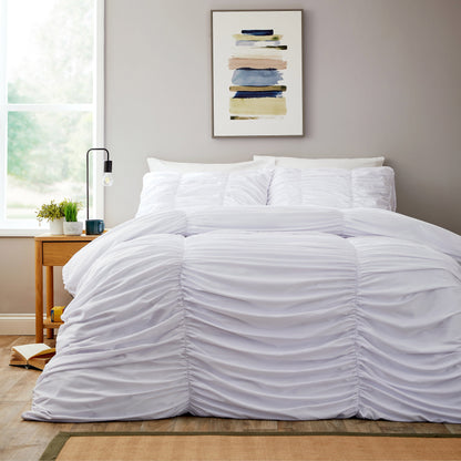 Ruched White Microfibre Duvet Cover Set with Pillowcases