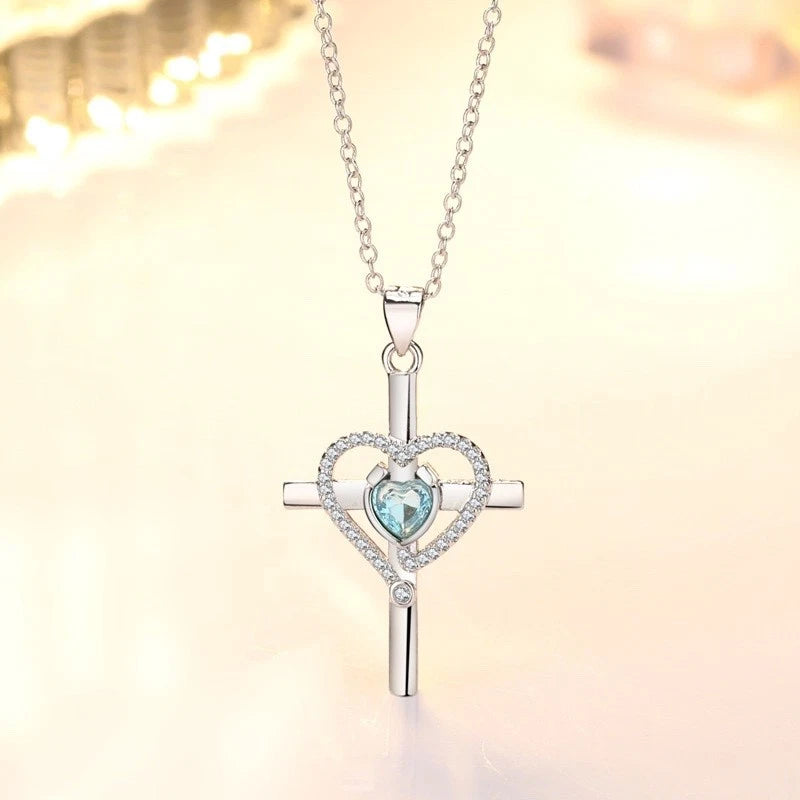 Crystal Heart Cross Pendant Necklace