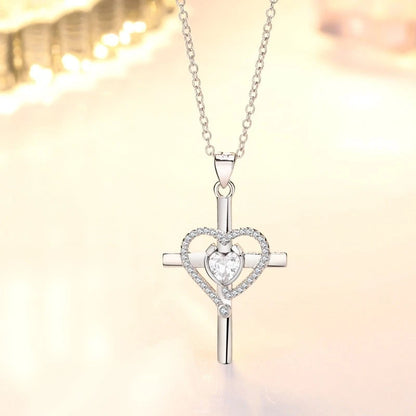 Crystal Heart Cross Pendant Necklace