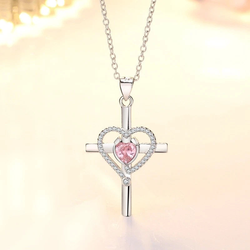 Crystal Heart Cross Pendant Necklace