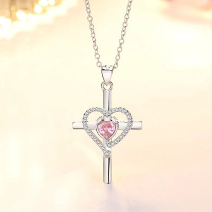 Crystal Heart Cross Pendant Necklace