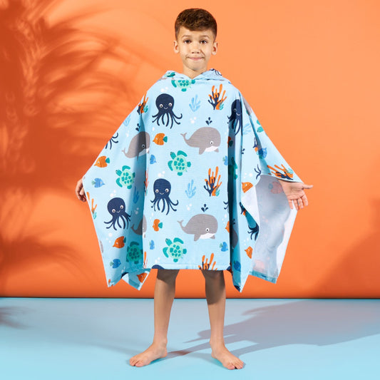 Kids Under The Sea Print Towel Poncho - Blue